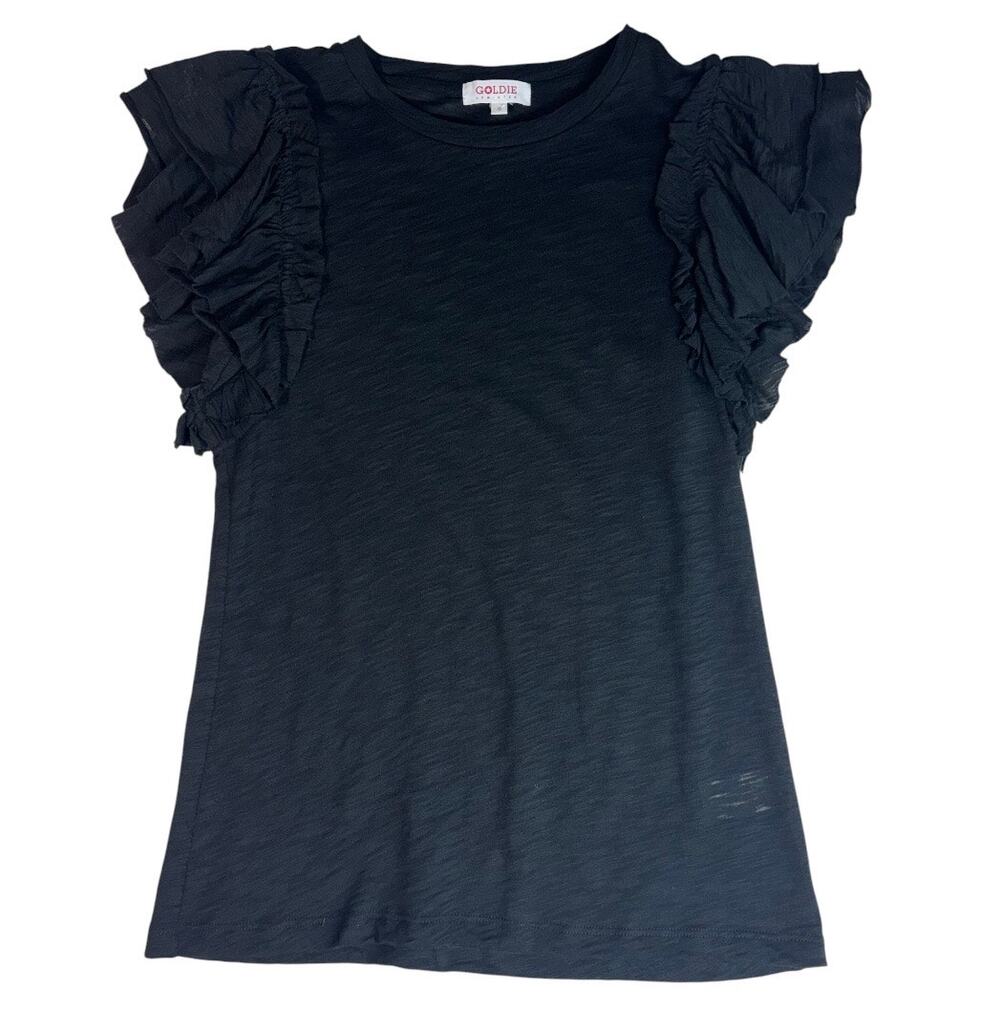 GOLDIE LEWINTER WOMEN’S BLACK RUFFLE SLEEVE T-SHIRT 100% PIMA COTTON SMALL